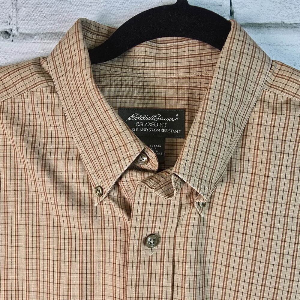EDDIE BAUER RELAXED FIT WRINKLE RESISTANT LONG SLEEVE TAN PLAID SHIRT SIZE LARGE - Picture 2 of 8